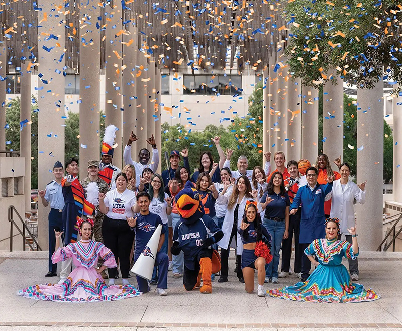 Celebration of be bold campaign at sombrilla fountain on UTSA campus