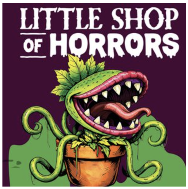 A purple poster with a large green Venus Flytrap monster plant with the words "Little Shop of Horrors" across the top, with April 10 - April 26 below it.