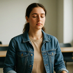 A personi in a tan tee and denim jacket sits with their eyes closed in a mindful state